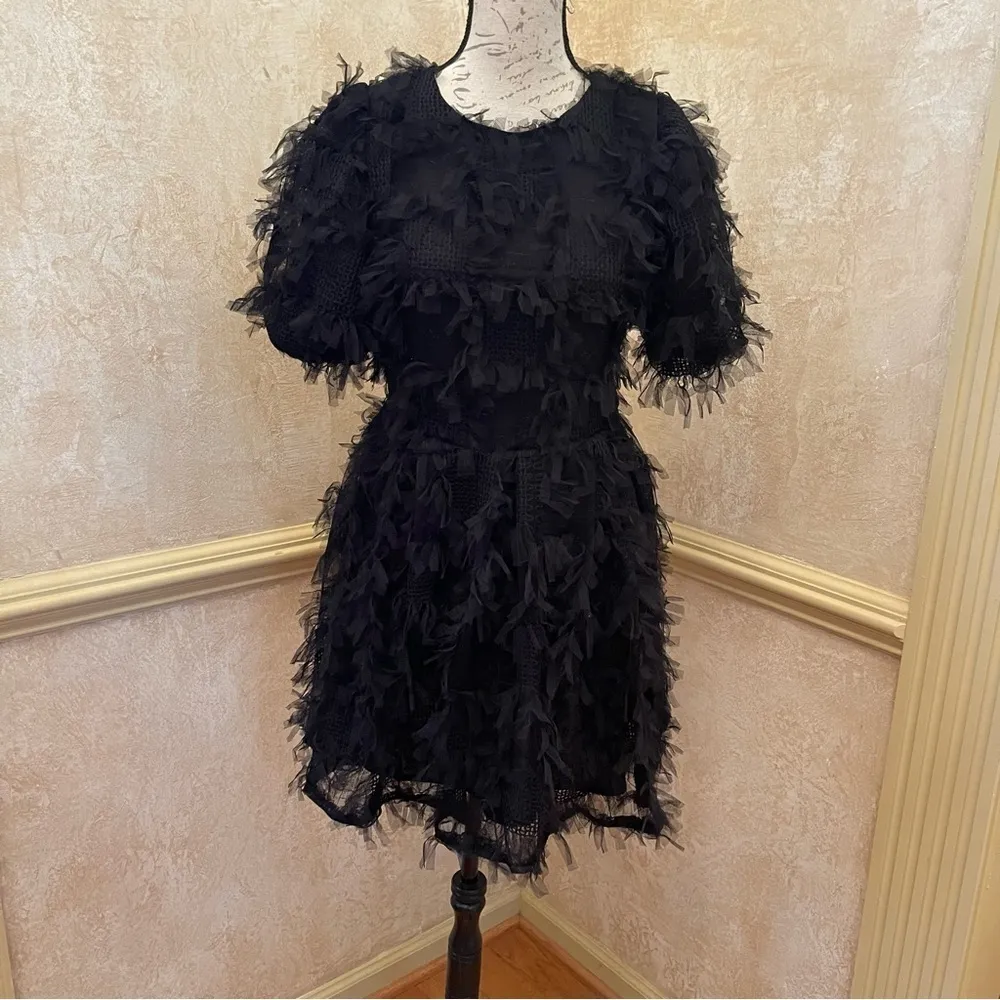 Endless Rose Gridded Mesh Feathered Puff Sleeve Mini Dress Black Sz XS - Image 4
