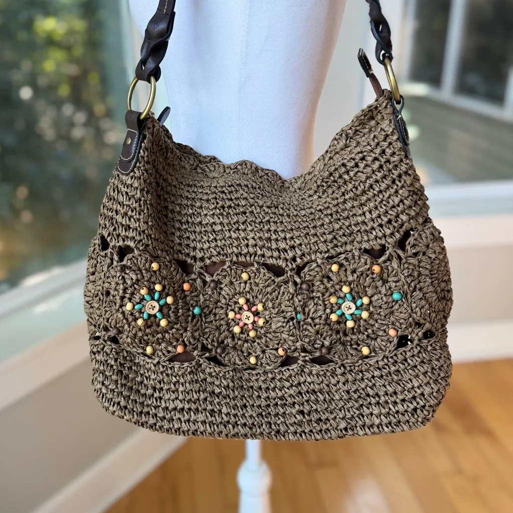 Vintage St. John’s Bay Taupe Tan Raffia Beaded Shoulder Bag Purse - Image 13