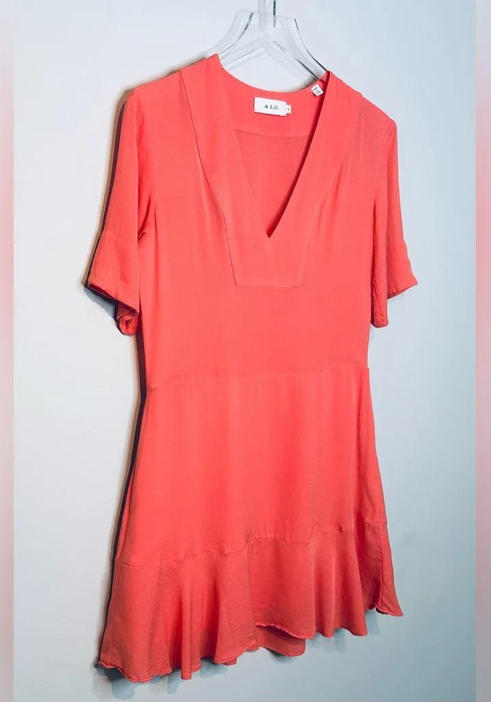 A.L.C. Delaney Salmon Coral Pink Peach Silk Plunge V-Neck Mini Dress Size 0 - Image 4