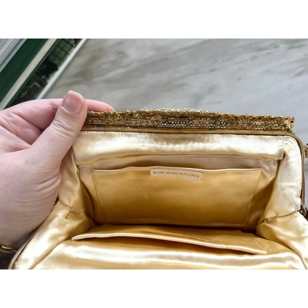 Le Goût du Jour Gold Beaded Swirl Rhinestone Filigree 50s Wrist Bag - Image 5