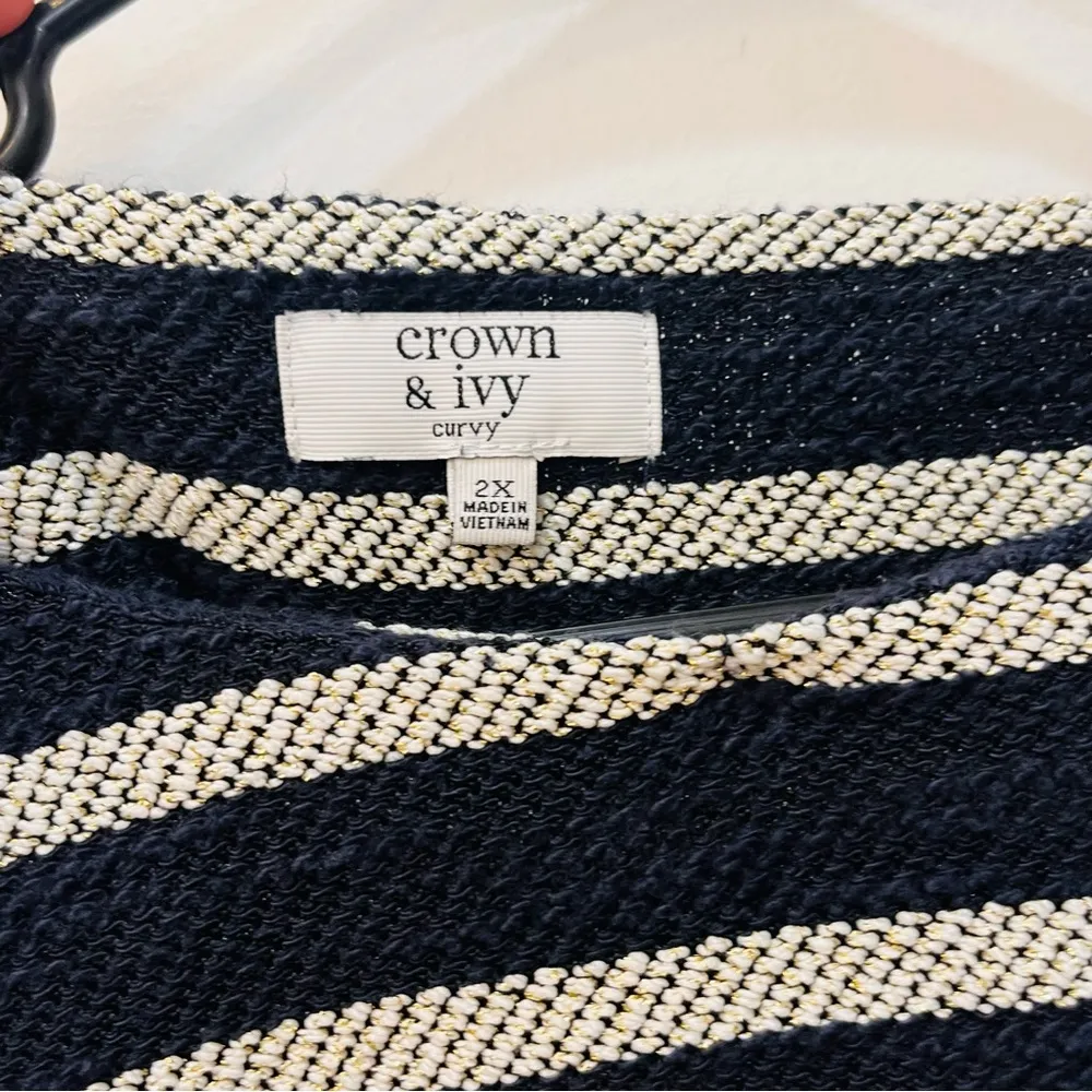 Crown & Ivy Navy Gold Lasting Striped Metallic Peplum Blouse Faux Wrap B… - Image 3