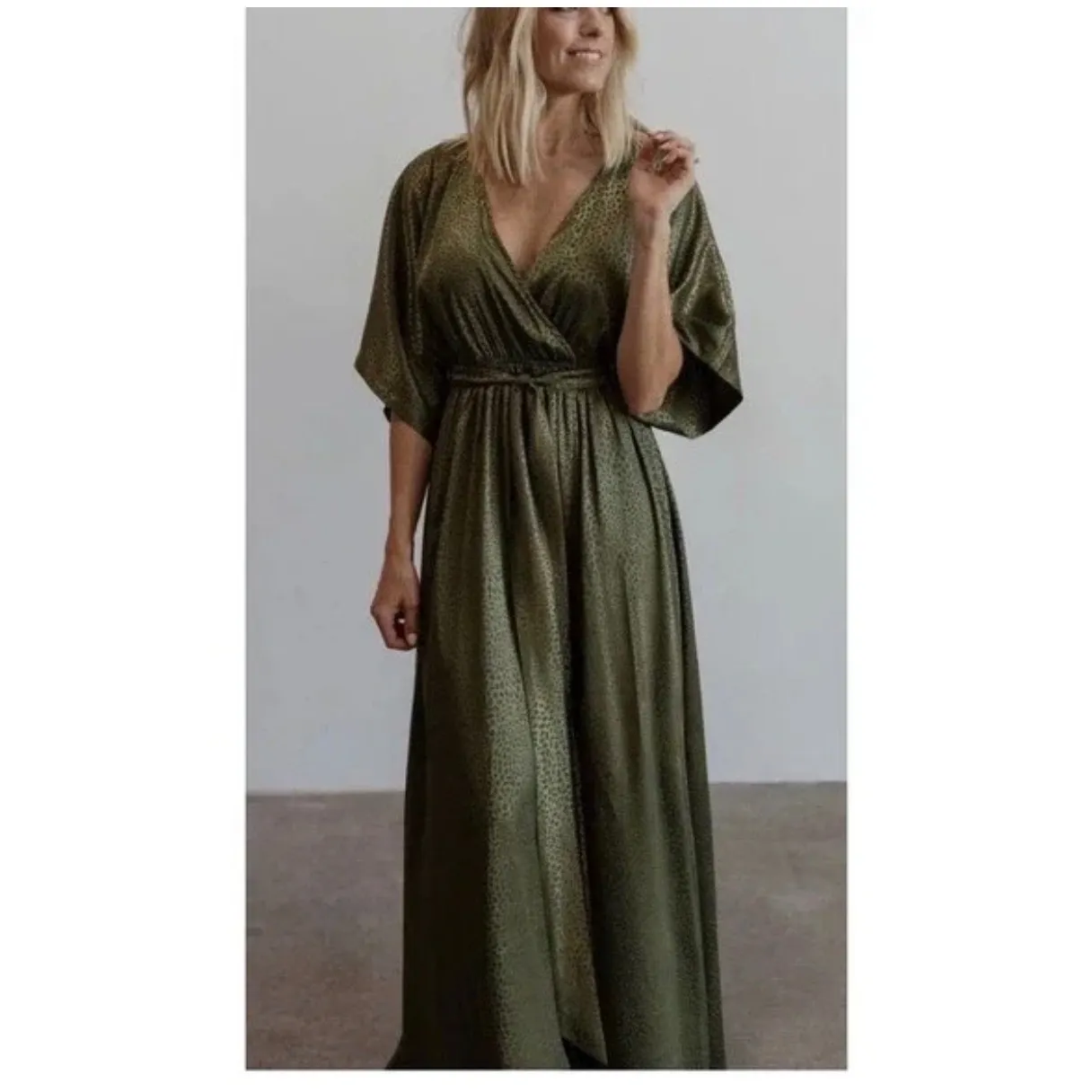 BALTIC BORN Olive Green Leopard Print Kimono Sleeve Maxi Dress size XXXL Wedding - Image 2