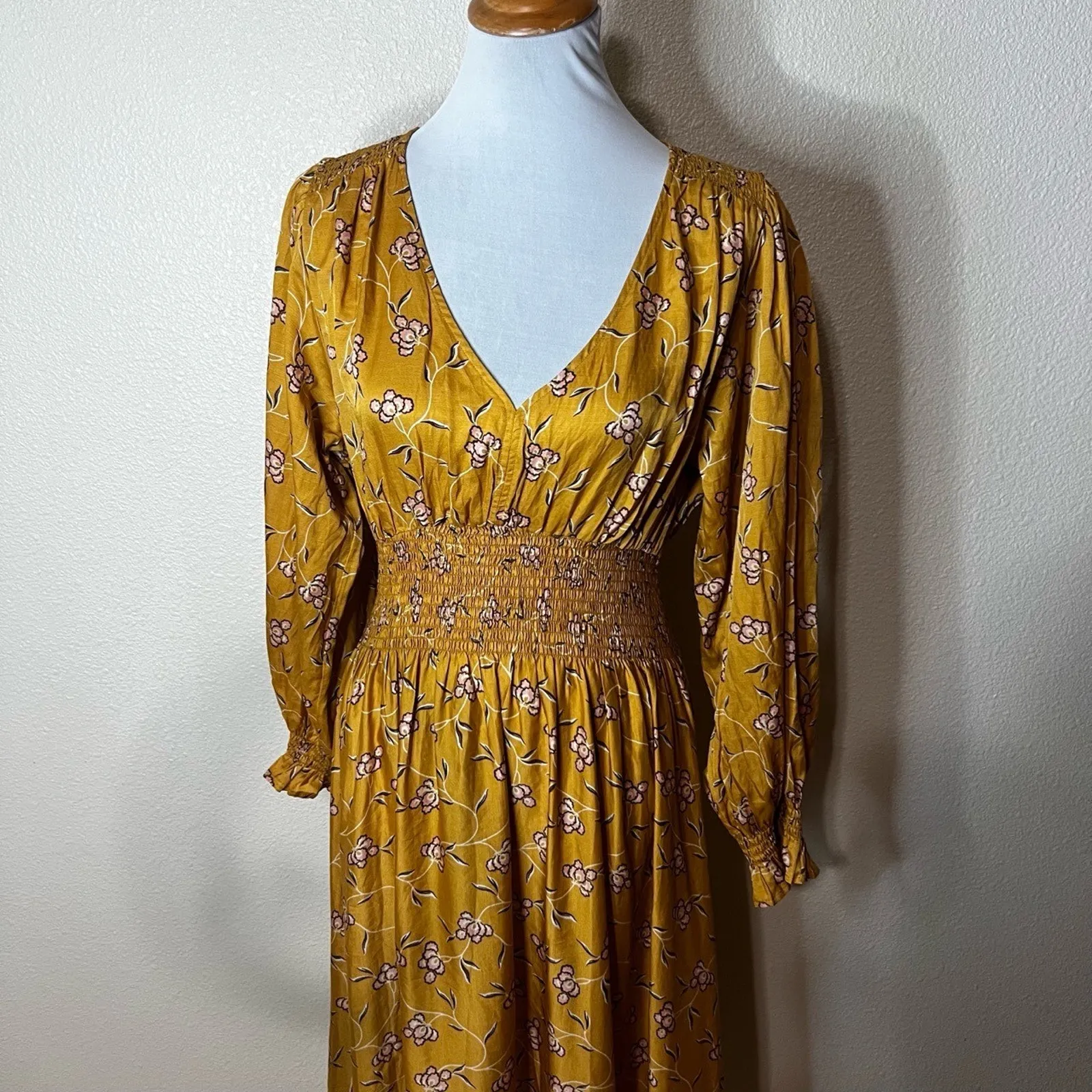 Outerknown Womens Midi Dress Mustard Yellow Floral Smocked Waist Boho Tiered MED - Image 4