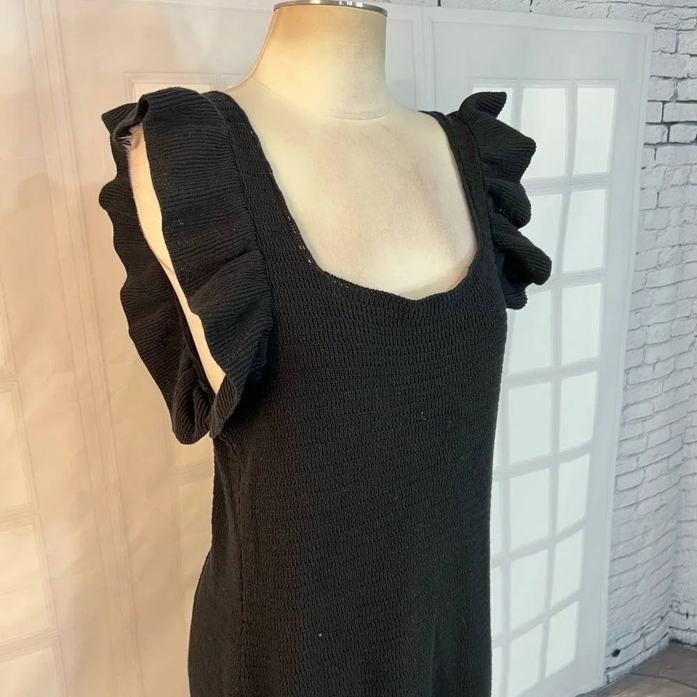Anthropologie Pointelle Ruffled Butterfly Sleeve Black Knit Mini Crochet Dress L - Image 2
