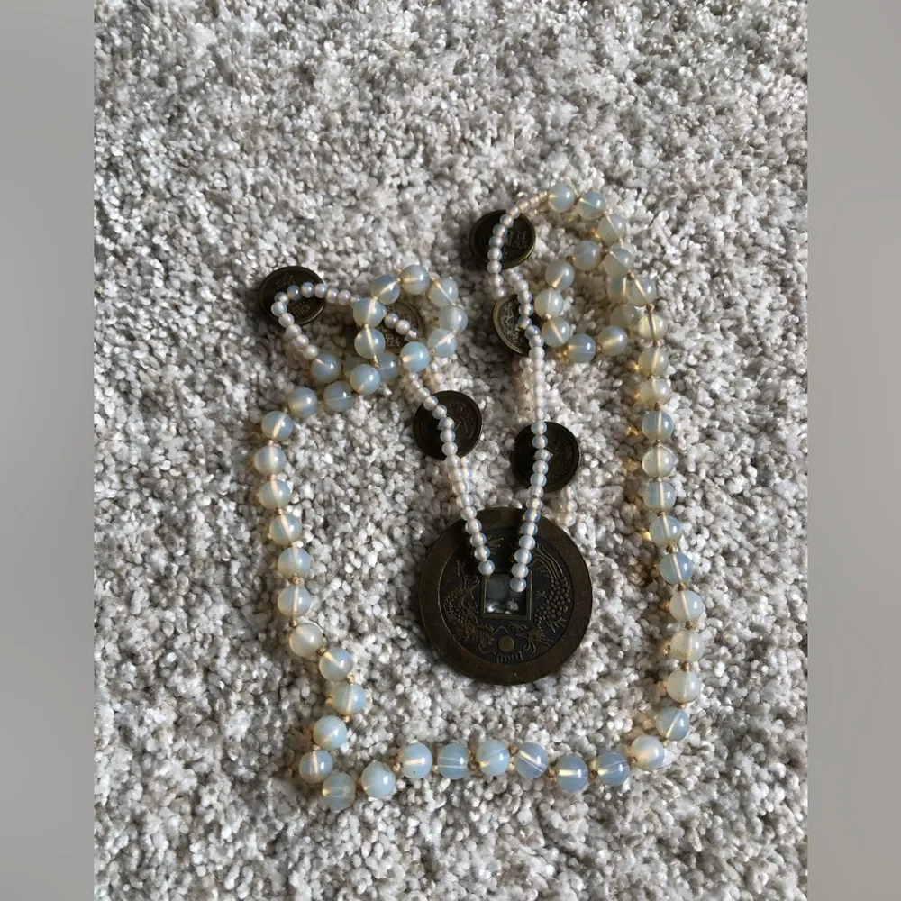 VTG Japanese Coin Necklace Dragon & Phoenix Translucent Moonglow Glass Beads 32” - Image 7