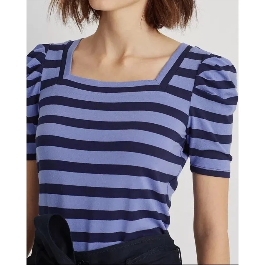 Lauren Ralph Lauren Striped Puff-Sleeve T-Shirt Blue Lochfrench Navy Size‎ S $80 - Image 3