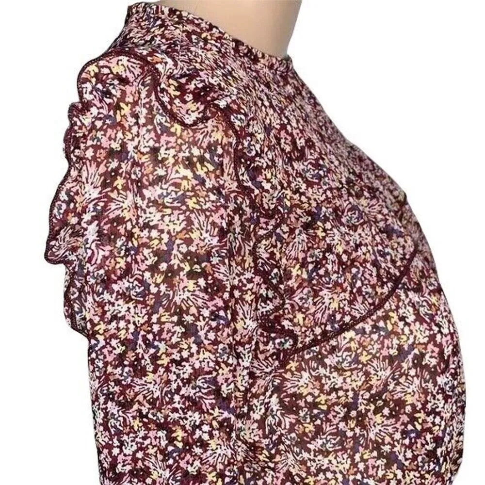 Love, Fire Womens Blouse Top Shirt Ruffled Smocked Hem Sheer Floral Red XS - Image 5