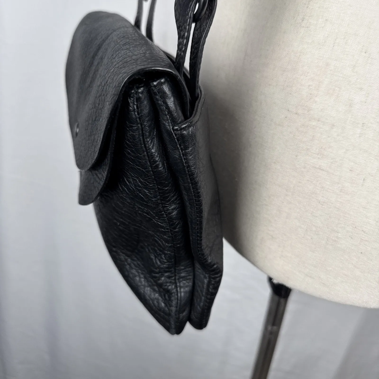 Eileen Fisher Black Pebbled Leather Double Flap Crossbody Purse Bag Minimalist - Image 3