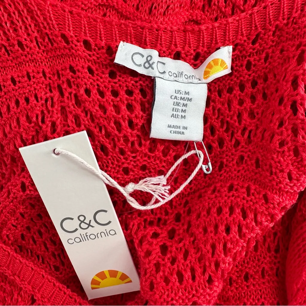 C&C California Red Crochet Knit Coverup Dress size Medium Sleeveless Tank Scoop - Image 9