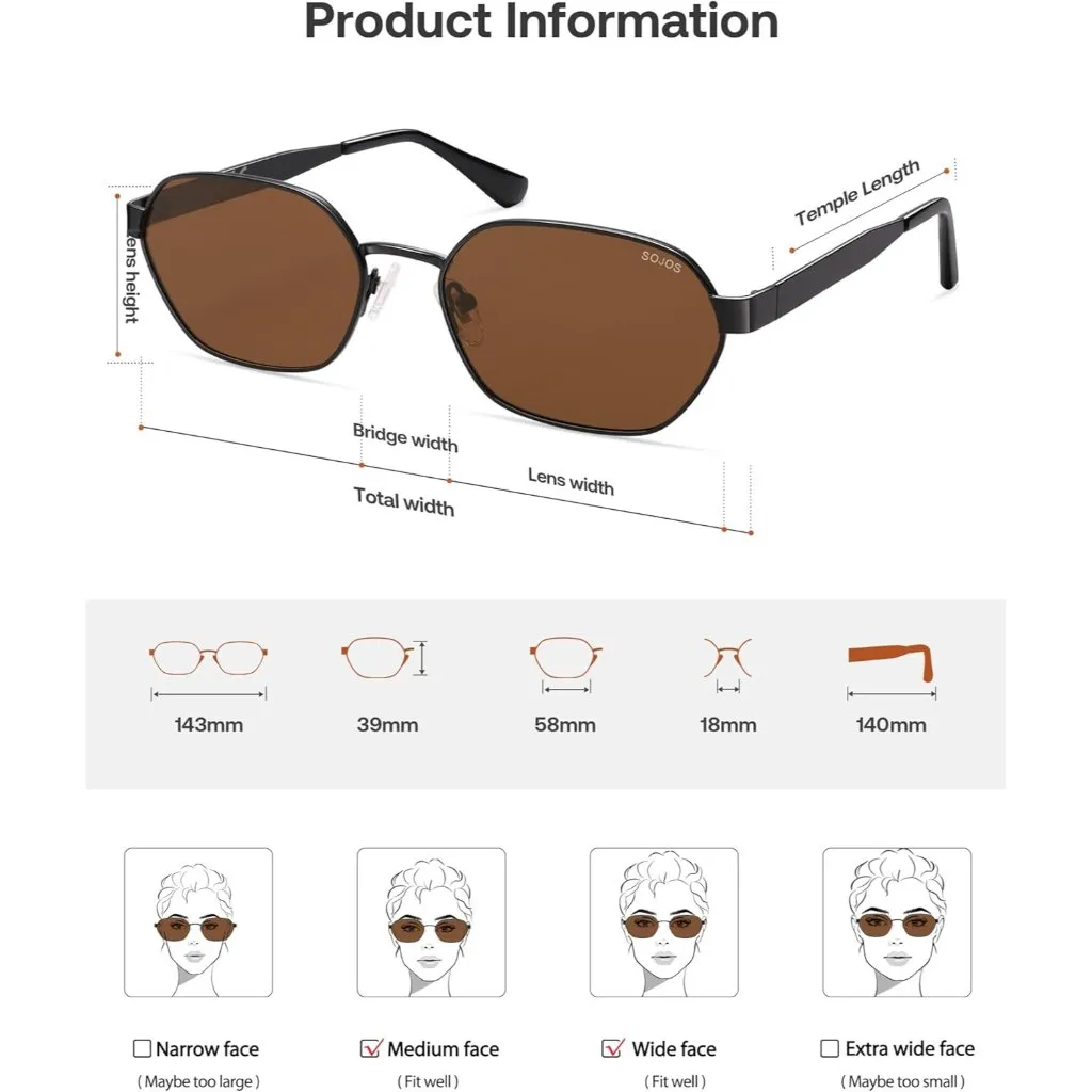 Unisex Black/Brown Trendy Hexagon Sunglasses for UV400 Retro Rectangle Shades Black - Image 4