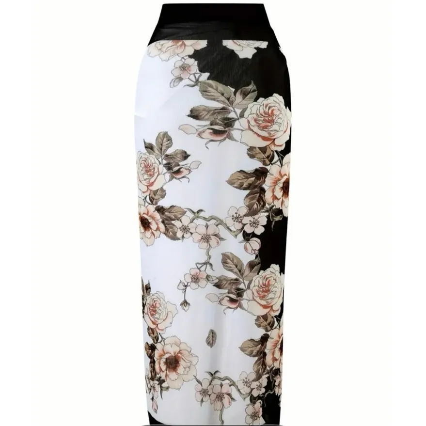 New Sexy Swimsuit with Sarong XL Black White Pink Floral High Cut - Image 6