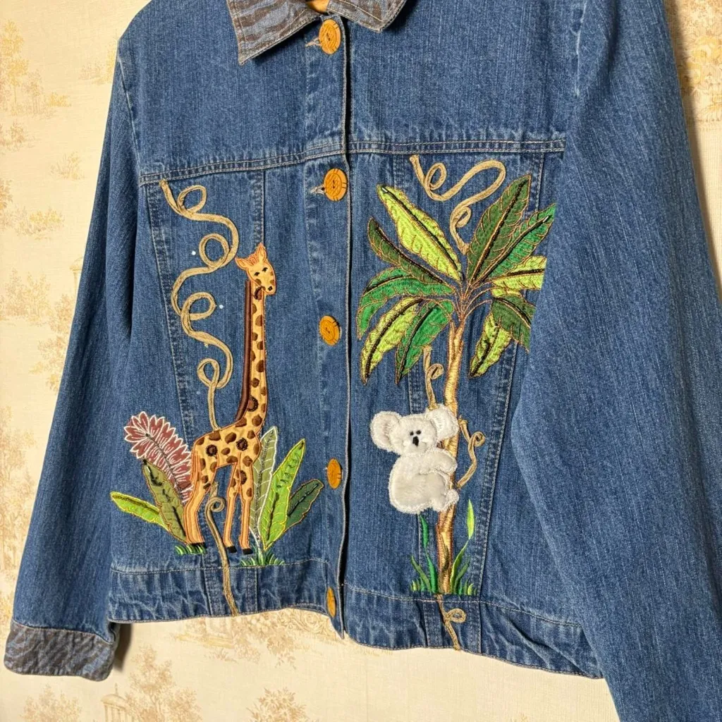 Vintage Bleu Bayou embroidered giraffe koala bear zebra animal denim jean jacket Blue Size M - Image 8