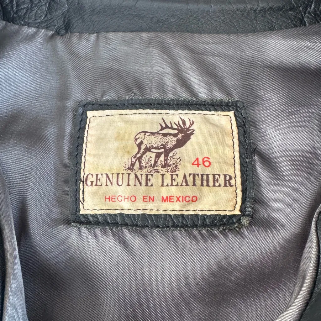 Vintage 80s Black Leather Buckle Neckline Cropped Leather Jacket Sz 46 Large XL - Image 6