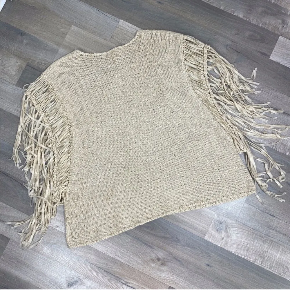 Chico’s Fringe Sleeve Boho Western Tarrin Tape Knit Poncho Sweater Tan Large XL - Image 8