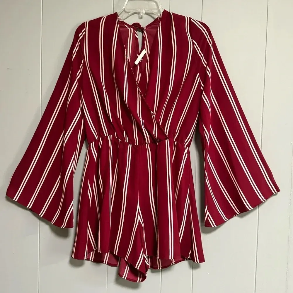 PEPPERMENT Vneck Long Flare Sleeves Back Tie Burgundy Stripe Short Romper Size M - Image 1