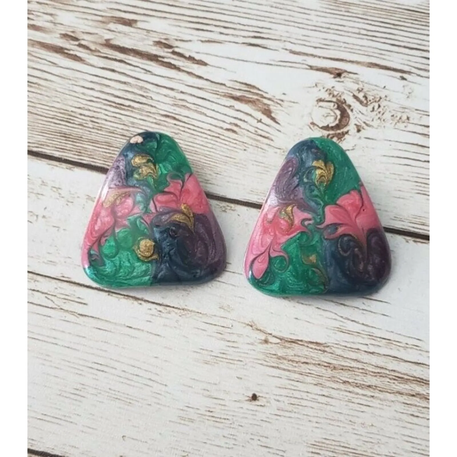 Vintage Clip On Earrings Rounded Triangle Shape Pink, Green, Purple 1 & 3/8" - Image 2