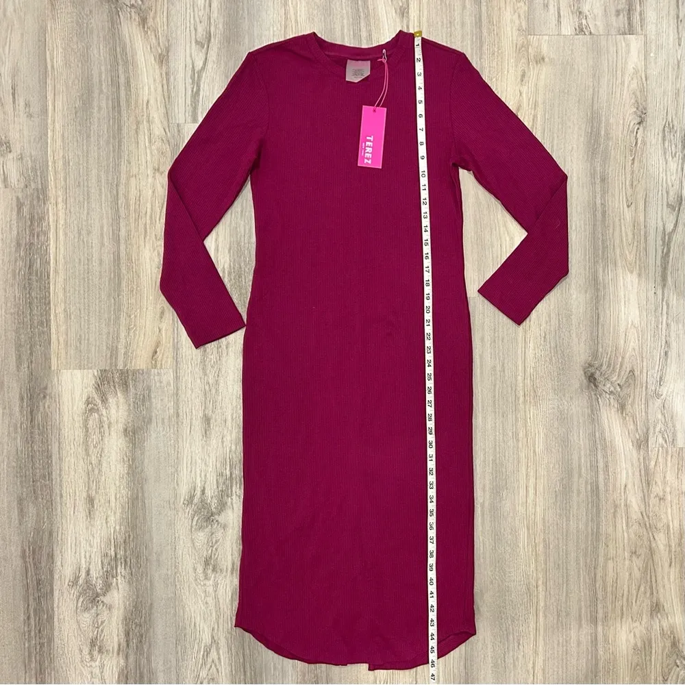NWT Terez Long Sleeve Ribbed Bodycon High Neck Midi Dress Raspberry Pink Size L - Image 2