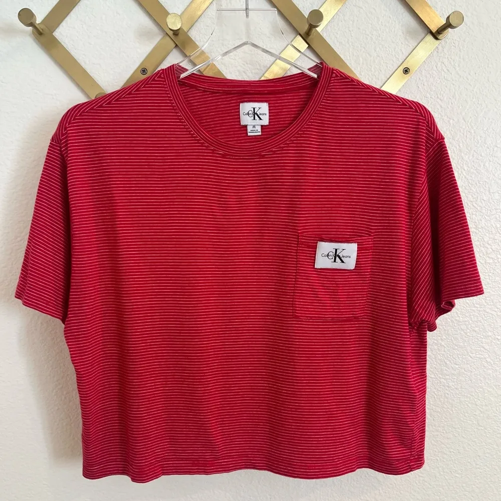 Calvin Klein CK Striped Boxy Crop Tee Red White Medium - Image 4