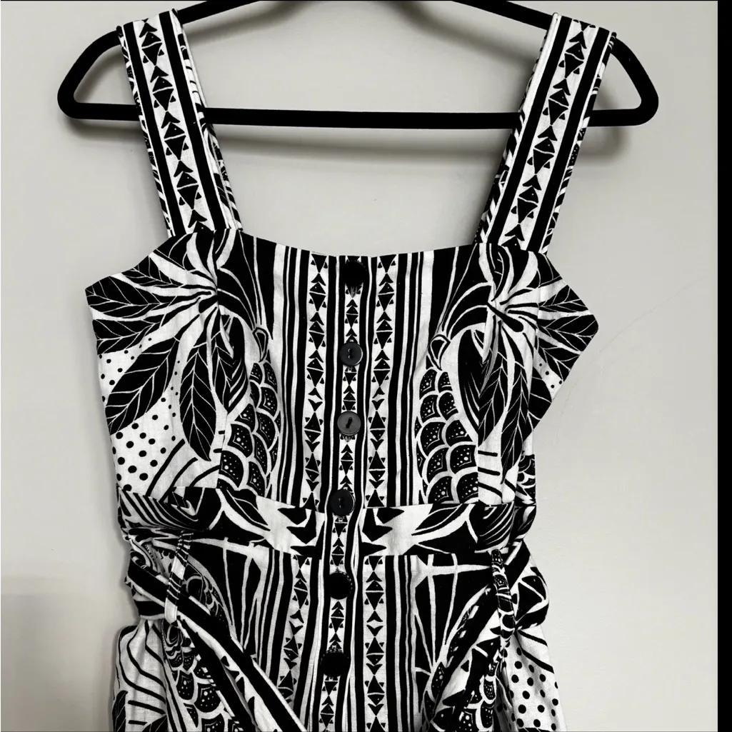 Farm Rio Monochrome Elegance Scarf Print Belted Linen Blend Romper Size L - Image 5