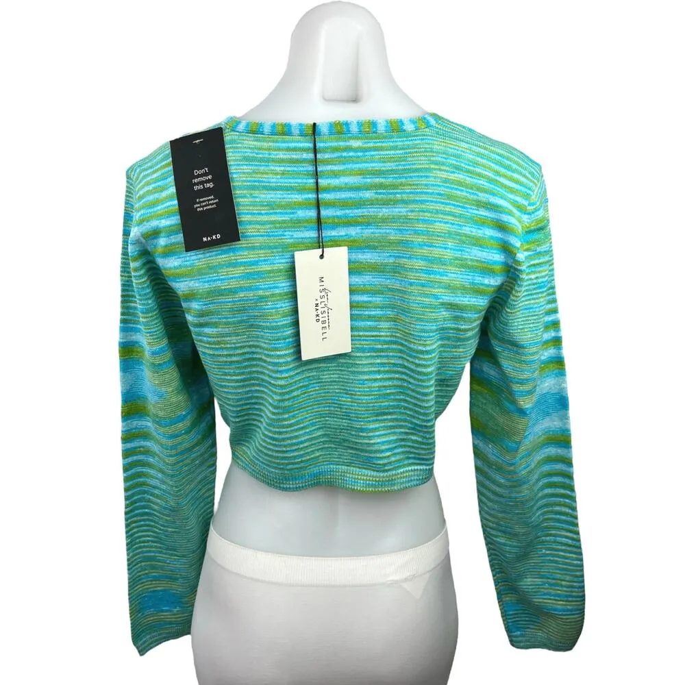 NEW NA-KD Green Melange Tie Knit Striped Long Sleeve Cardigan Sweater Crop Top 6 - Image 2