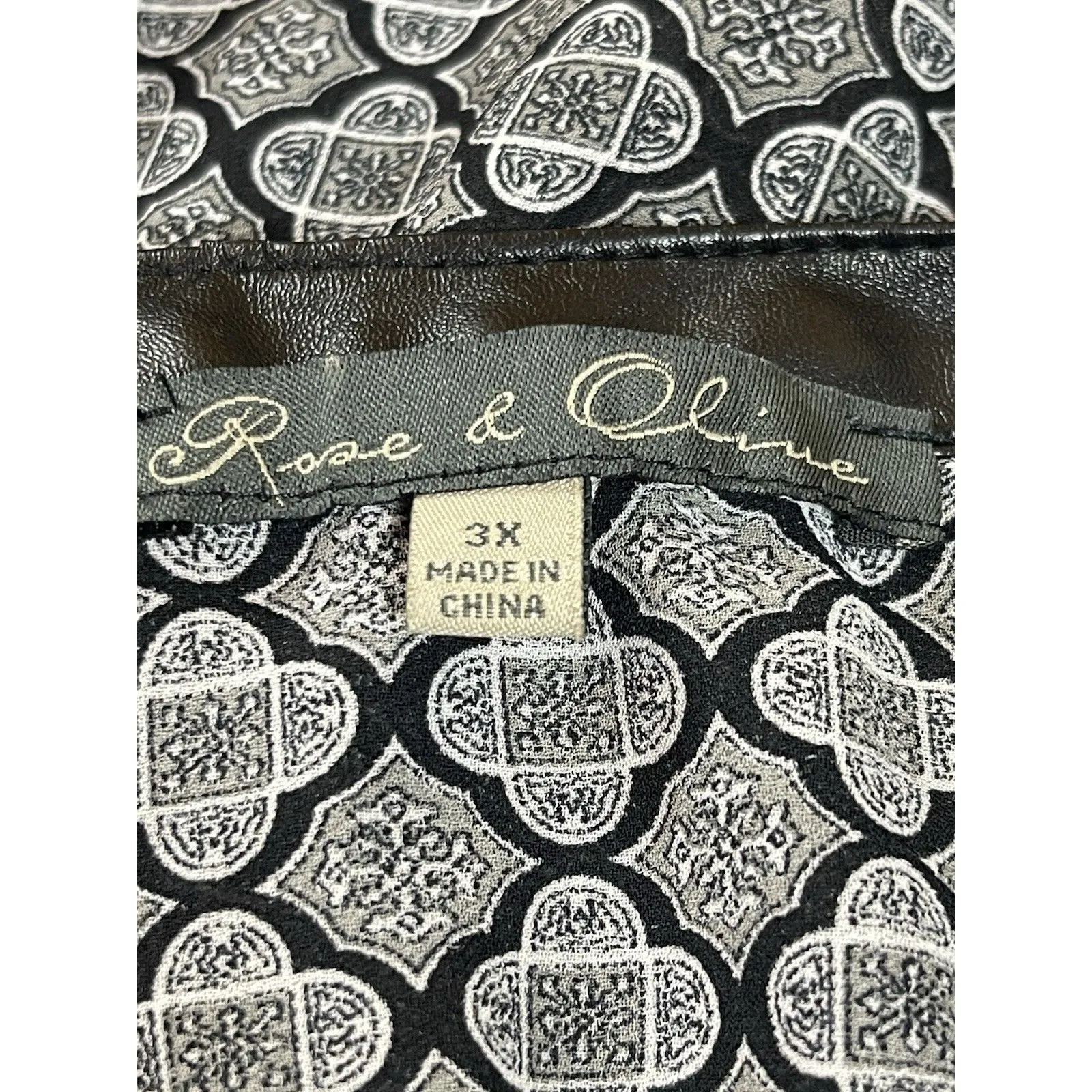 Rose & Olive 3X Black White Geometric Print Blouse Faux Leather Trim Semi Sheer - Image 5