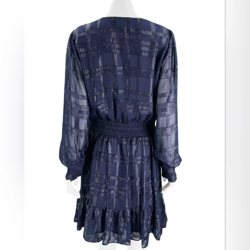 Michael Kors Metallic Navy Plaid Fil Coupe Faux Wrap Long Sleeve Dress L in EUC - Image 11