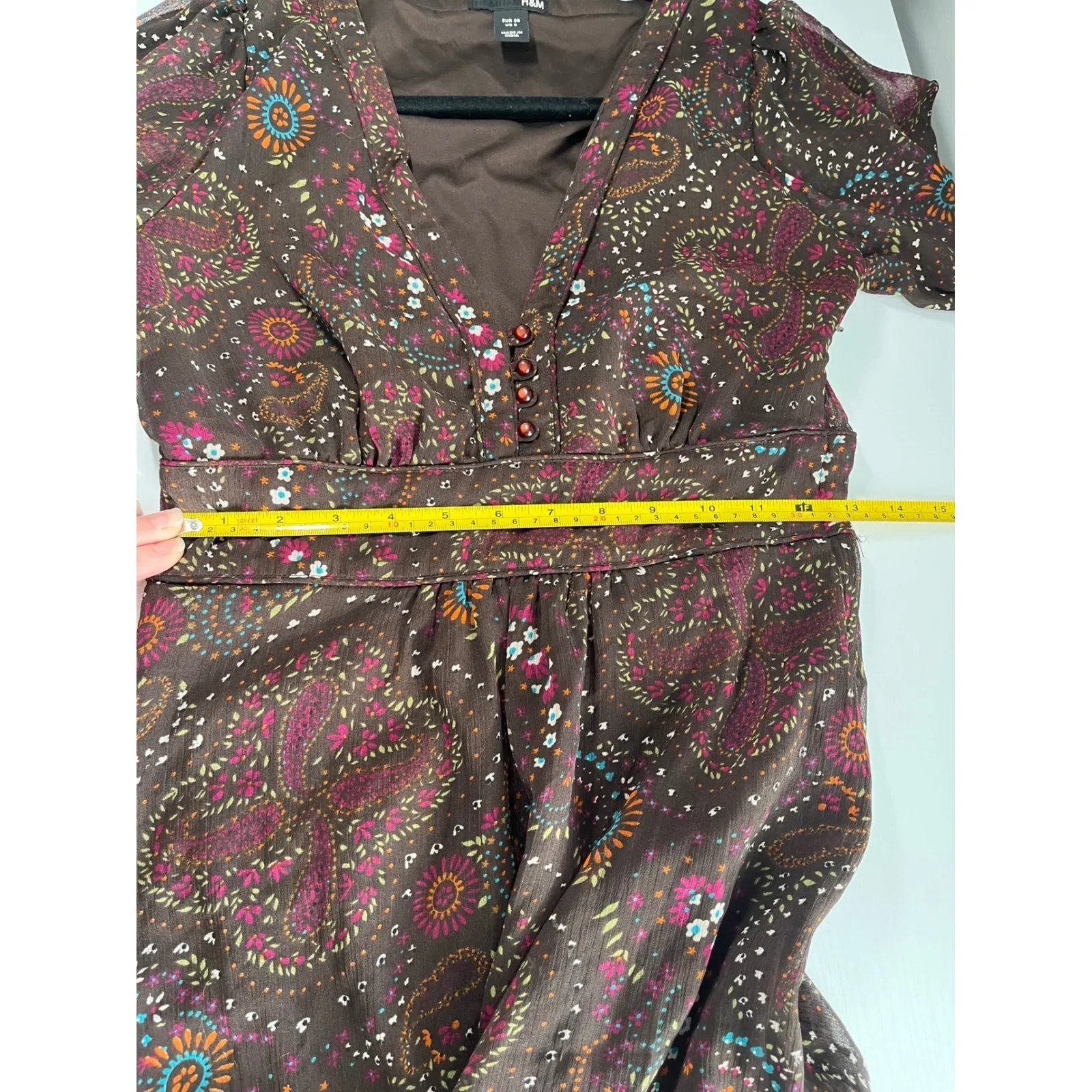 H&M Brown Paisley Floral Print Sheer Flutter Sleeve Midi Dress Women US 6 - Image 7