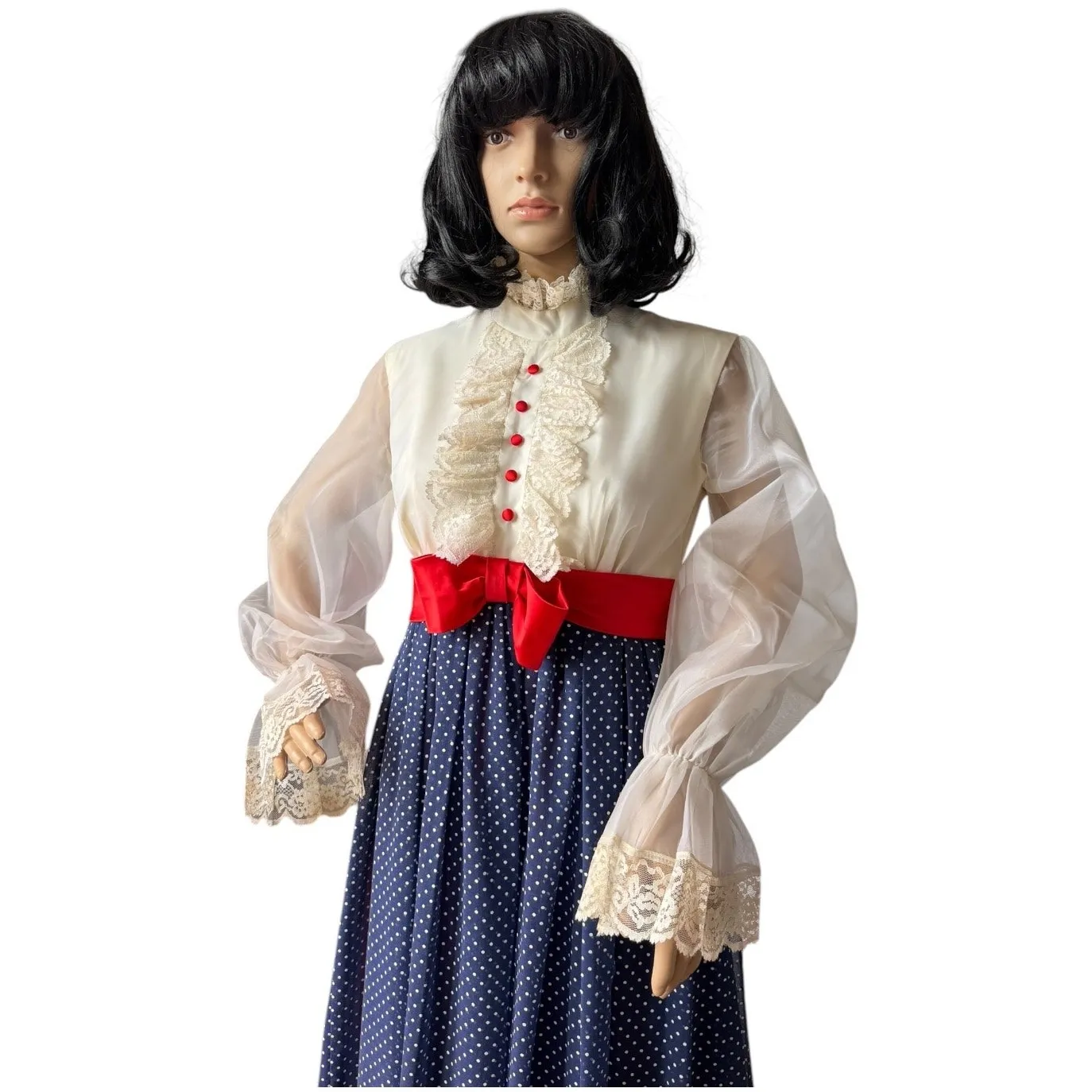 1970s Prairie Victorian Maxi Dress Sheer Sleeves Lace Bib & Red Bow small- med - Image 13