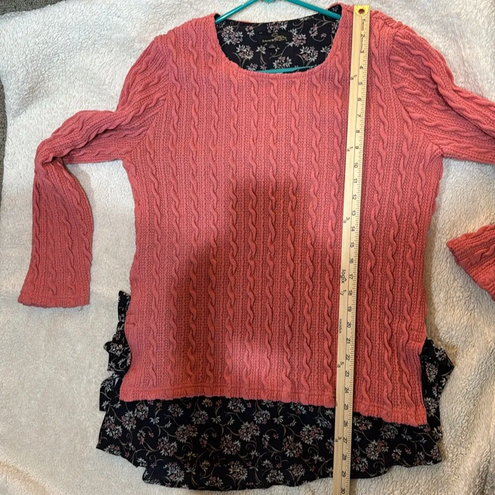 Suzanne Betro Pink Cable Knit Floral Layered Look SideTie Sweater, Large - Image 7