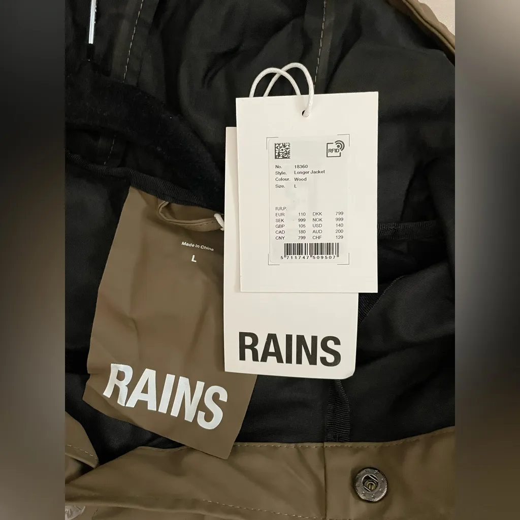 Rains NWT Women's Brown Wood Hooded Raincoat Longer Jacket Size L Size L - Image 6
