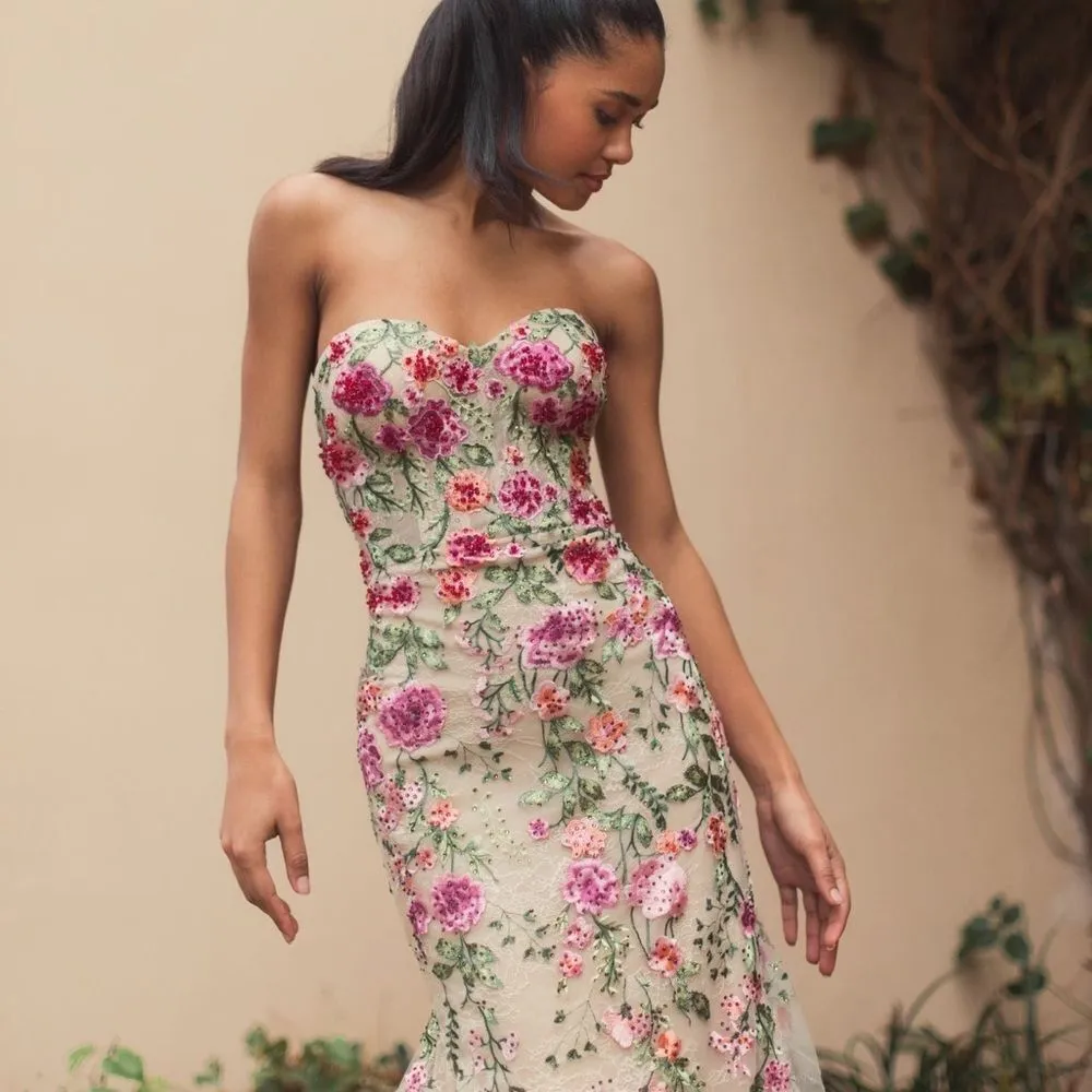 MAC DUGGAL  20652 Beige Strapless Bustier Floral Embroidered Mermaid Gown - Image 5