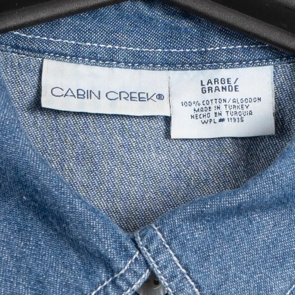 Y2K Denim Button Up Shirt L Womens Western Ruffle Cotton Blue Jean 90s MomCore - Image 4