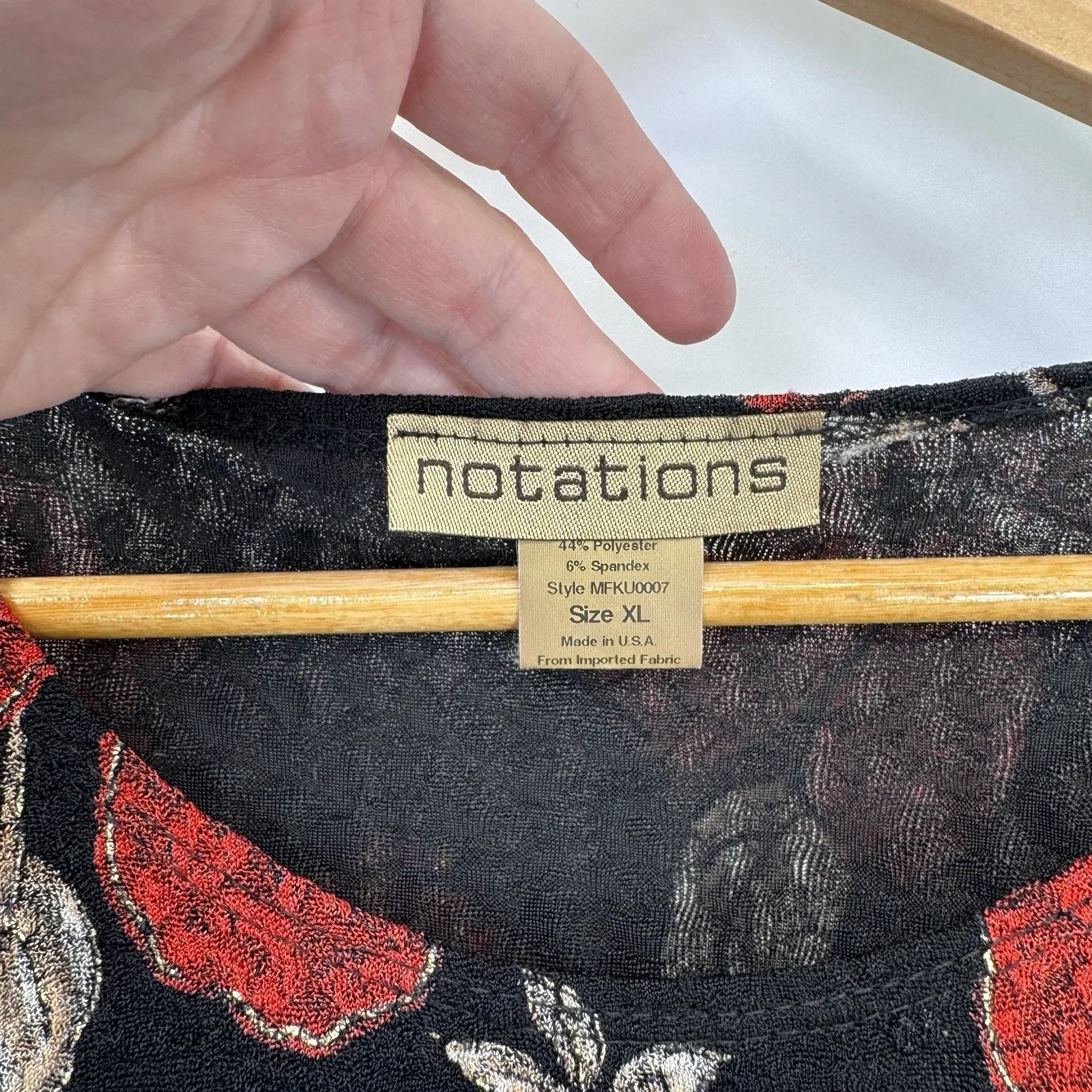 Vintage Notations Top Womens XL Black Red Flower Whimsigoth Vamp Fall Textured - Image 4