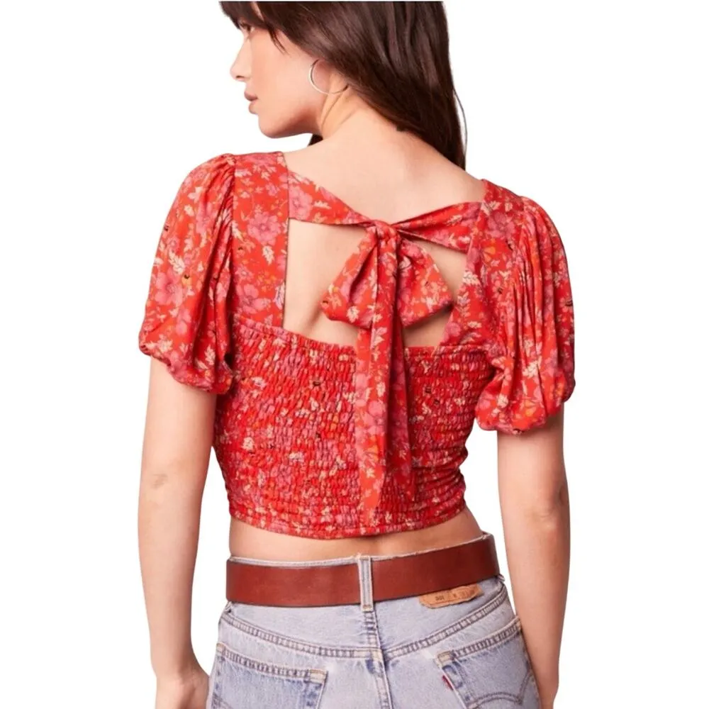 Band of the Free Joelle Crimson Red Floral Print Smocked Boho Top Women’s Medium - Image 7