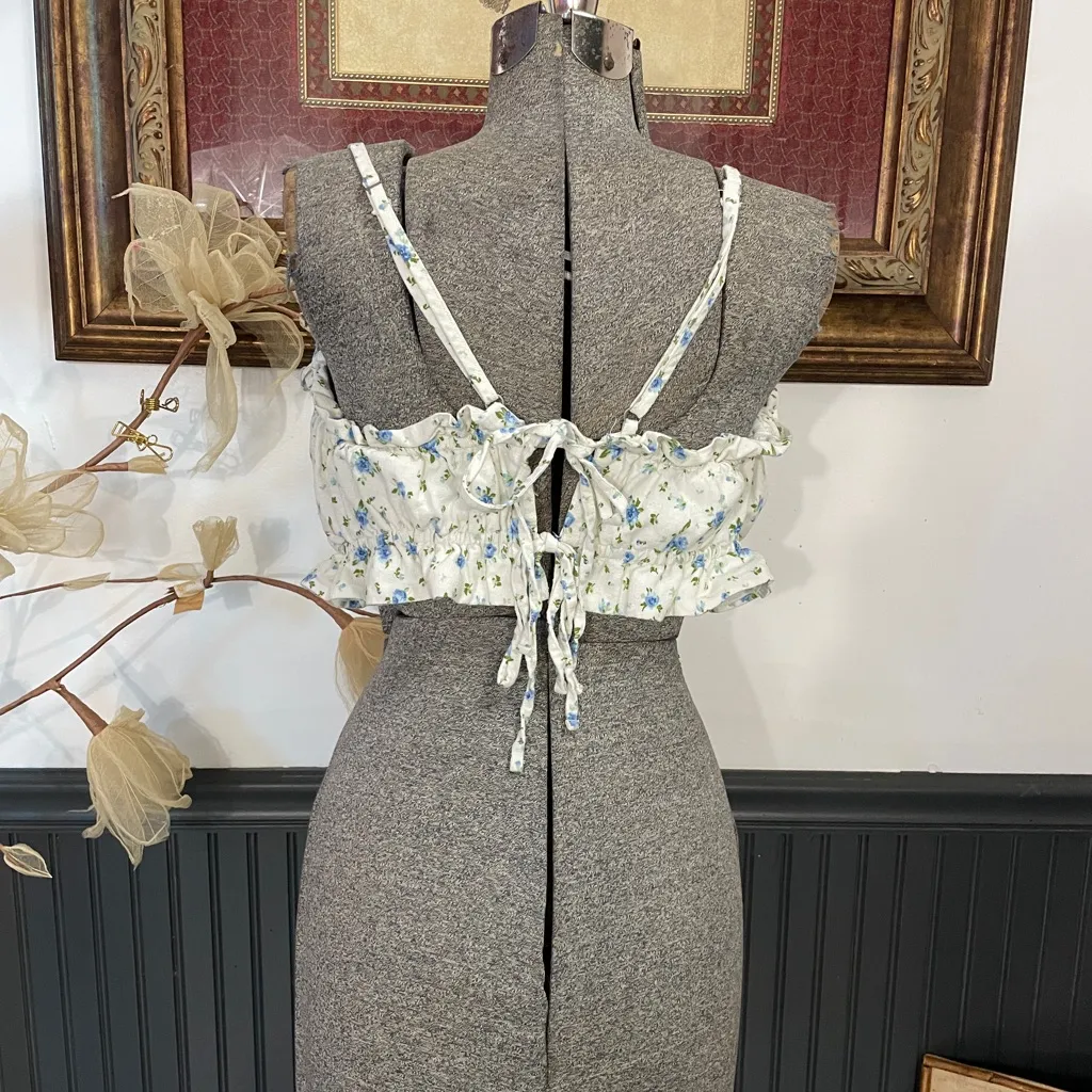 Ditsy Floral Linen Blend Tiny Tie Open Back Ruffle Tank Top - Sz XXL 💚🎀 - Image 8