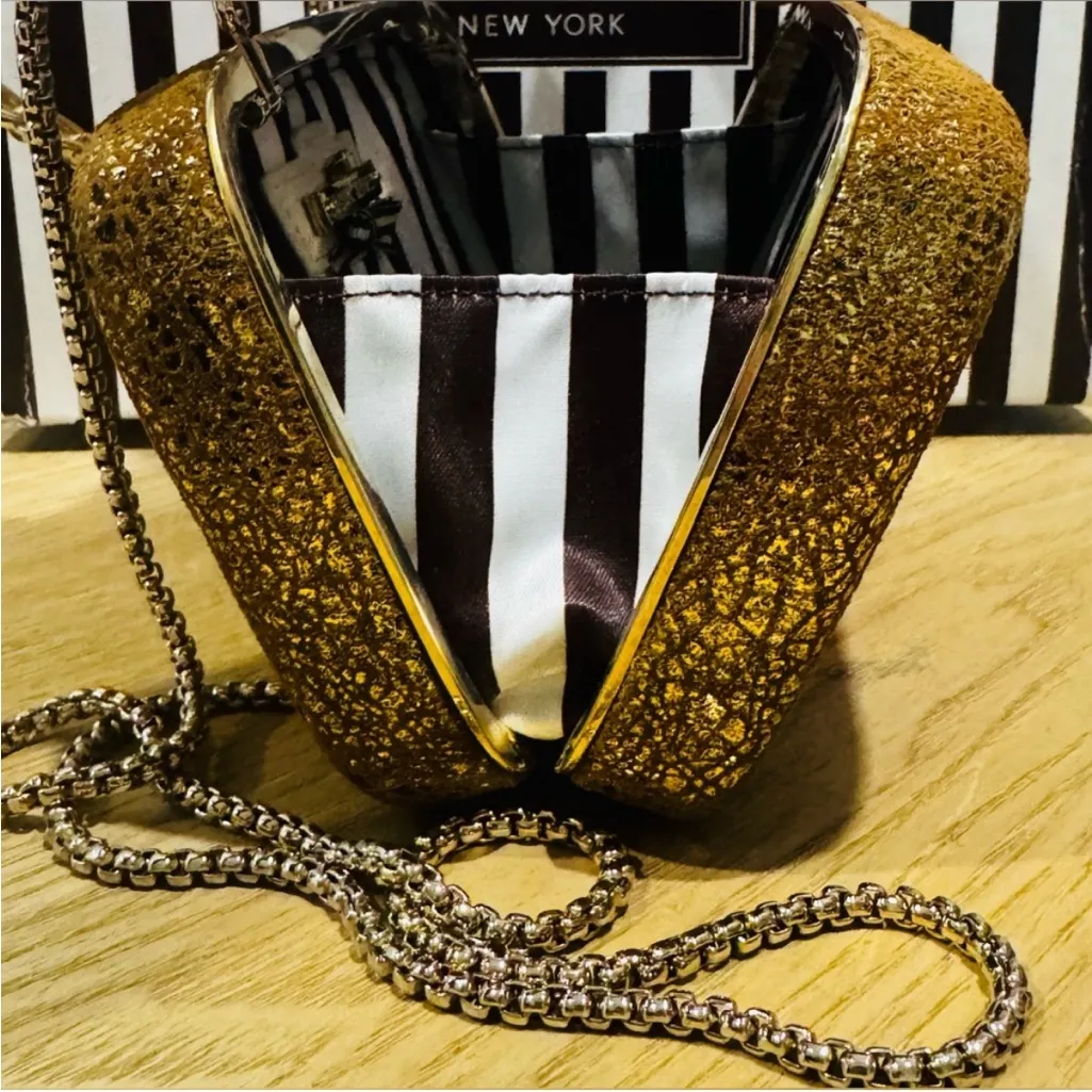 Henri Bendel Gold Crackle Party Box Clutch with Crossbody Chain Evening Bag - Image 6