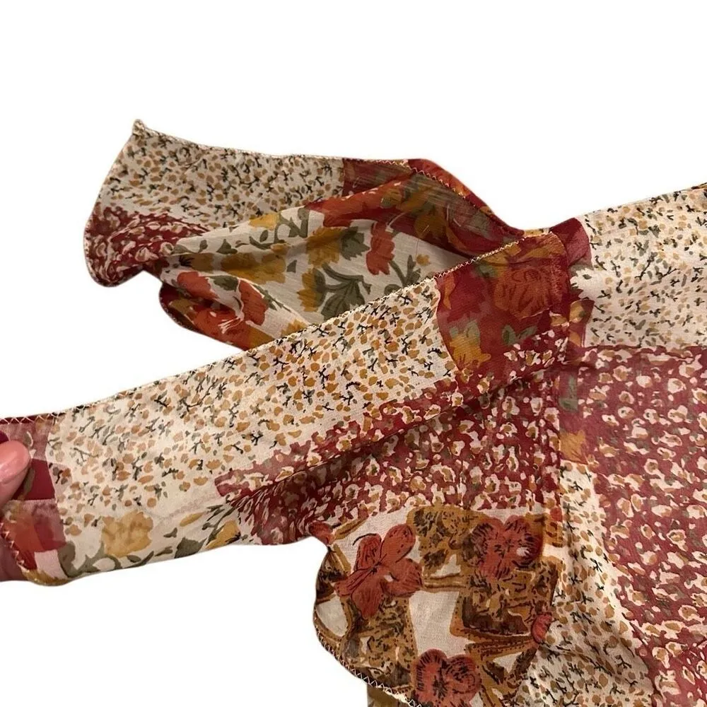 Vintage Women’s Red Cream Orange Floral Flowy Blouse Boho Cottagecore Girly Femi Size L - Image 5
