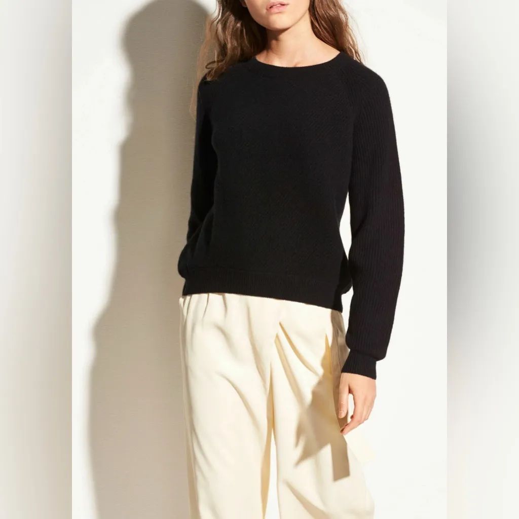 Vince Wool Cashmere Ribbed Diagonal Sweater Crewneck Black Small Quiet Luxury - Image 2