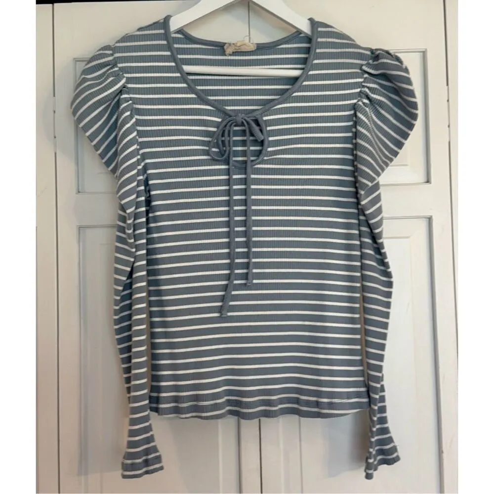 Anthropologie Porridge striped puff sleeve tie neck blouse xl - Image 3