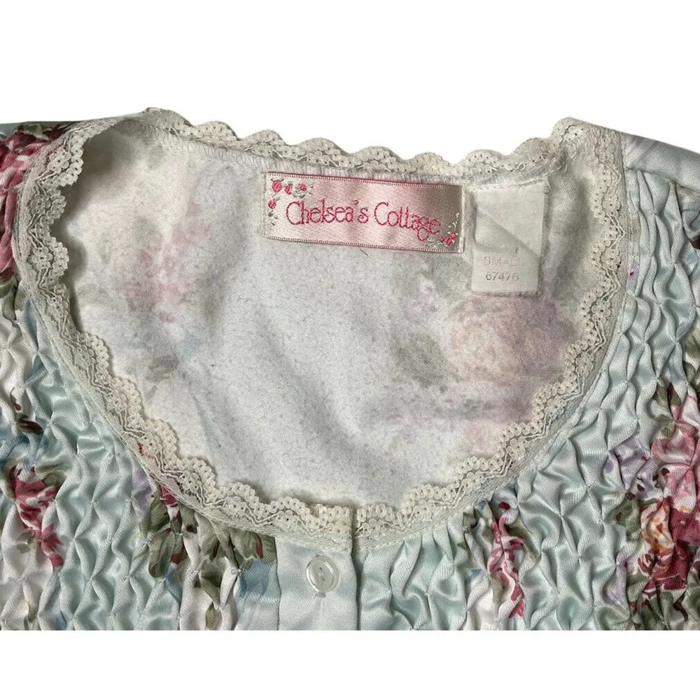 Vintage CHELSEAS COTTAGE Blue Pink Floral Cottage Core Fleece Lined Nightie Sz S - Image 7