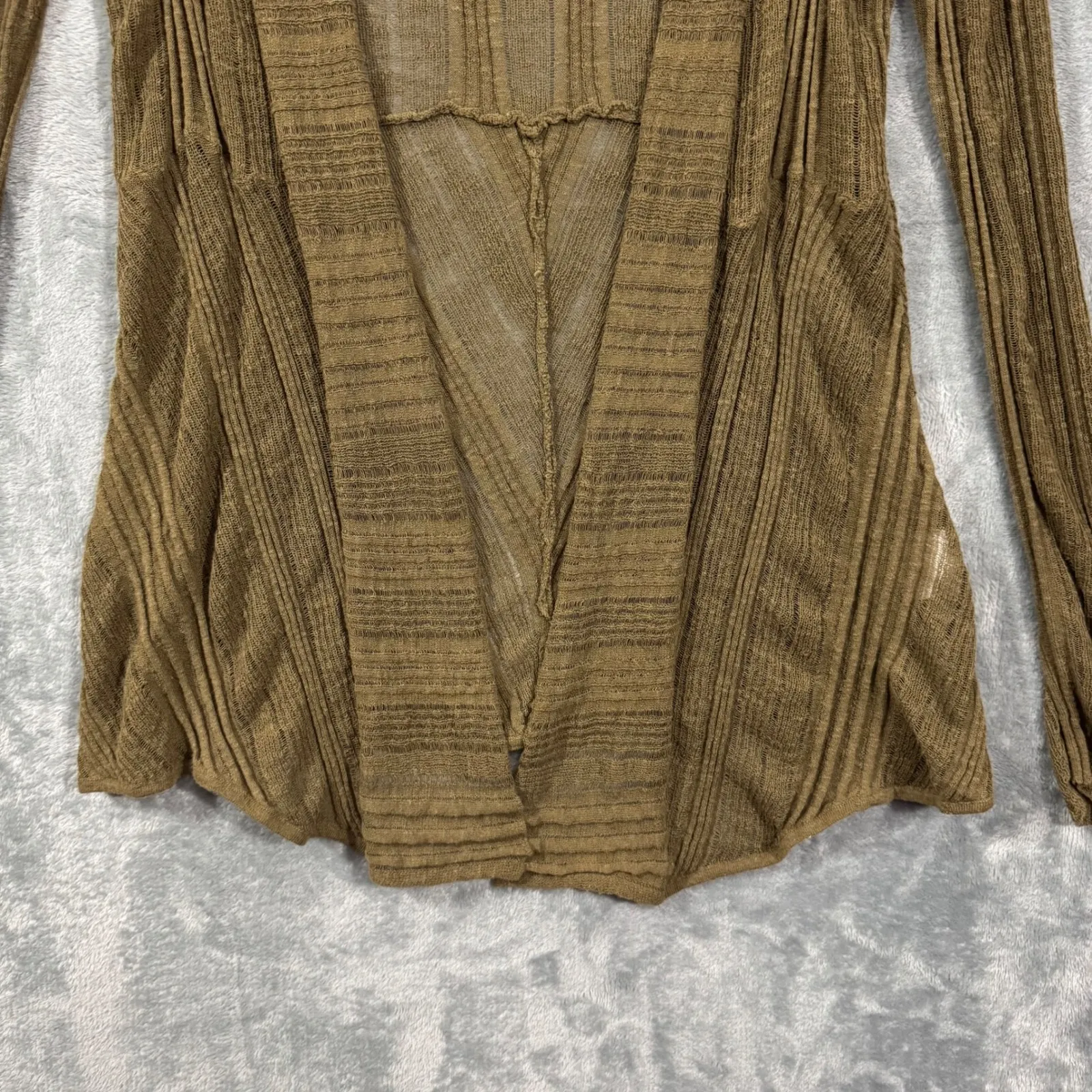 Eileen Fisher Olive Green Open Front Long Sleeve Ribbed Sheer Cardigan Size XS - Image 4