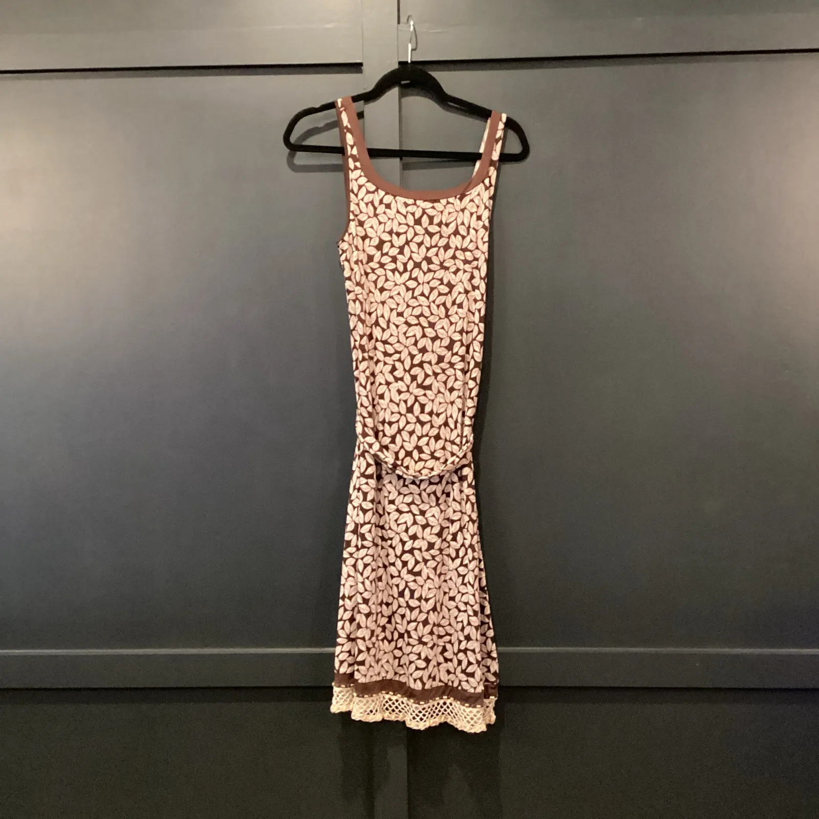 Oscar De La Renta brown & cream floral leaf beaded hem detail sleeveless dress M - Image 5