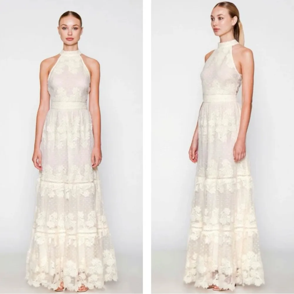 Champagne & Strawberry Tiered Maxi Dress With Crochet Trim & Floral Appliqué Tan - Image 11