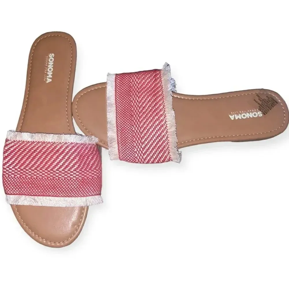 SONOMA Isabelle Red Cream Fabric Fringed Slides Sandals - Image 2