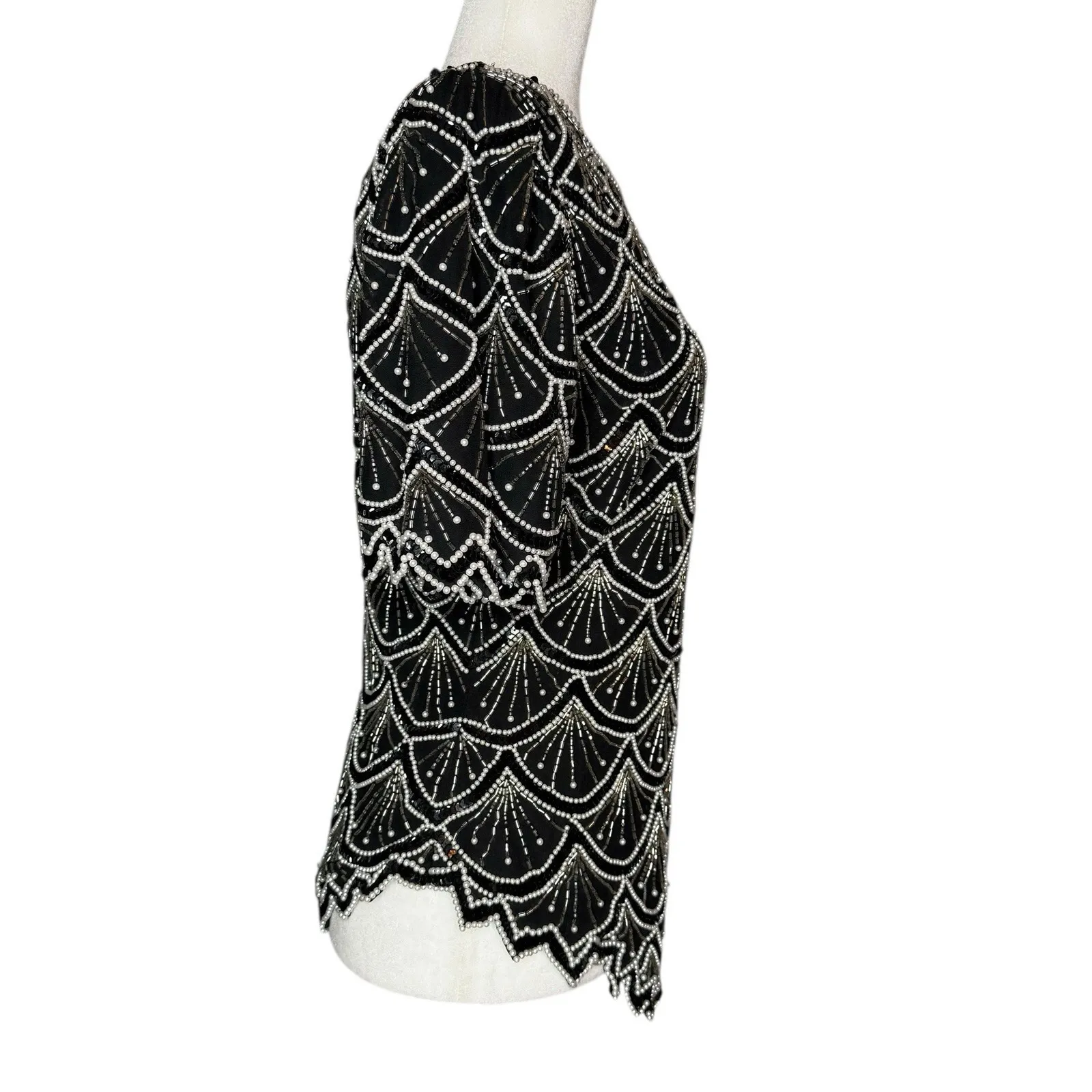Vintage Lawrence Kazar M Beaded Sequin Evening Top Asymmetrical Art Deco Gatsby Black Size M - Image 3