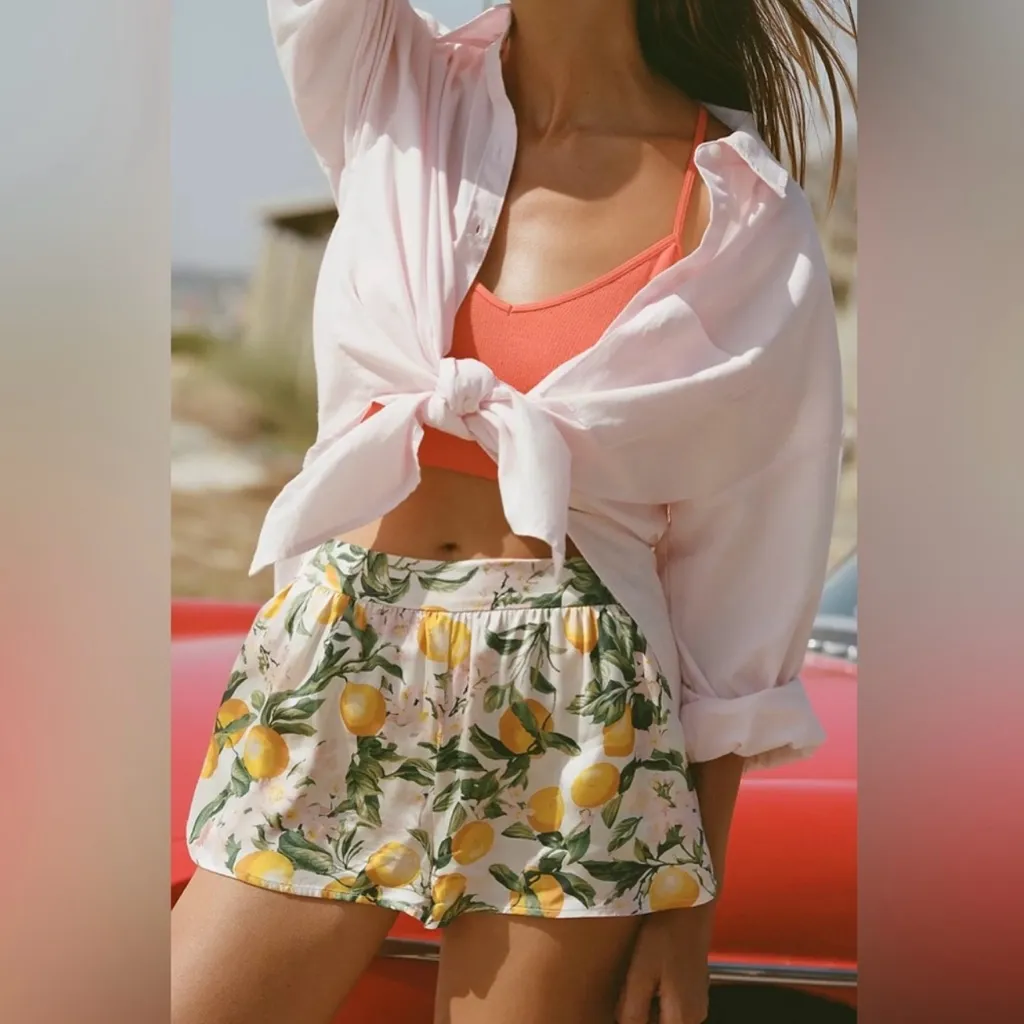 Anthropologie Lemon Print Pajama Set Short Sleeve Shorts Pockets Floral Size XS - Image 10