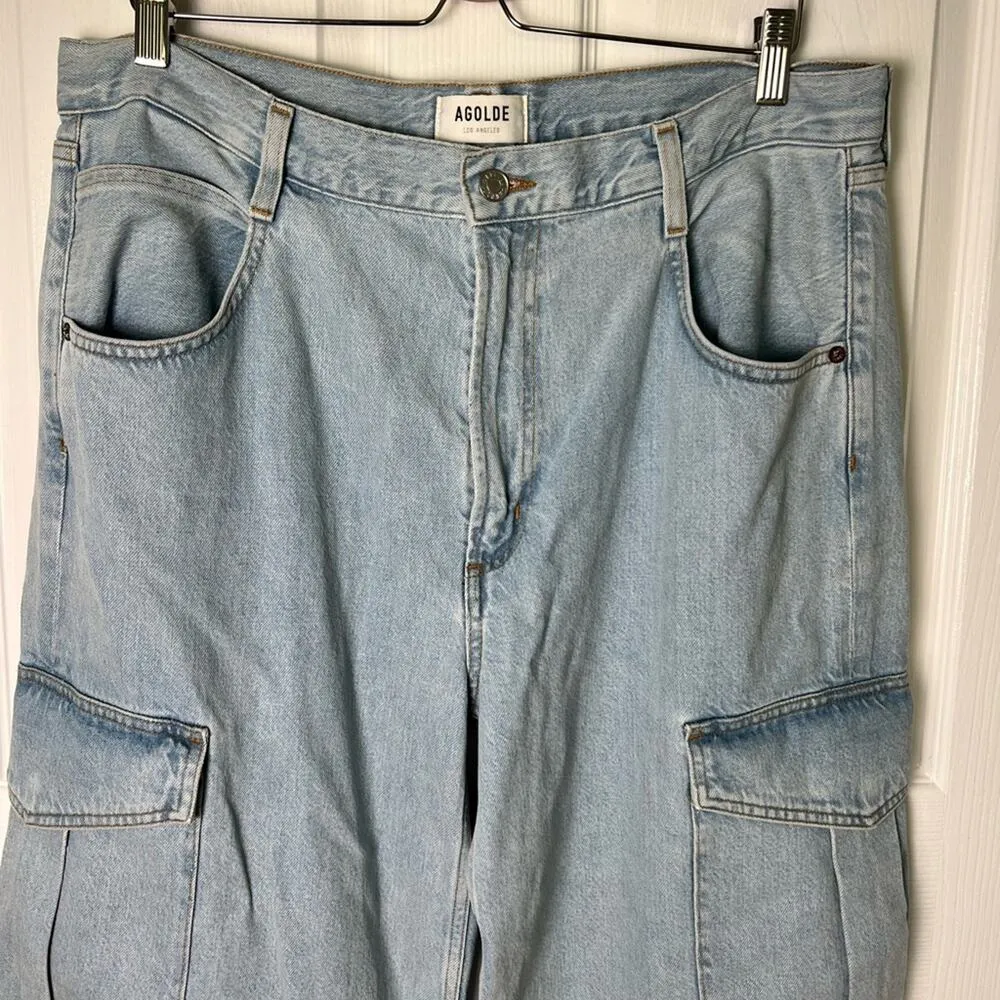 Agolde Minka High Rise Cargo Wide Leg Cotton Blend Blue Wash Jeans 32 - Image 3