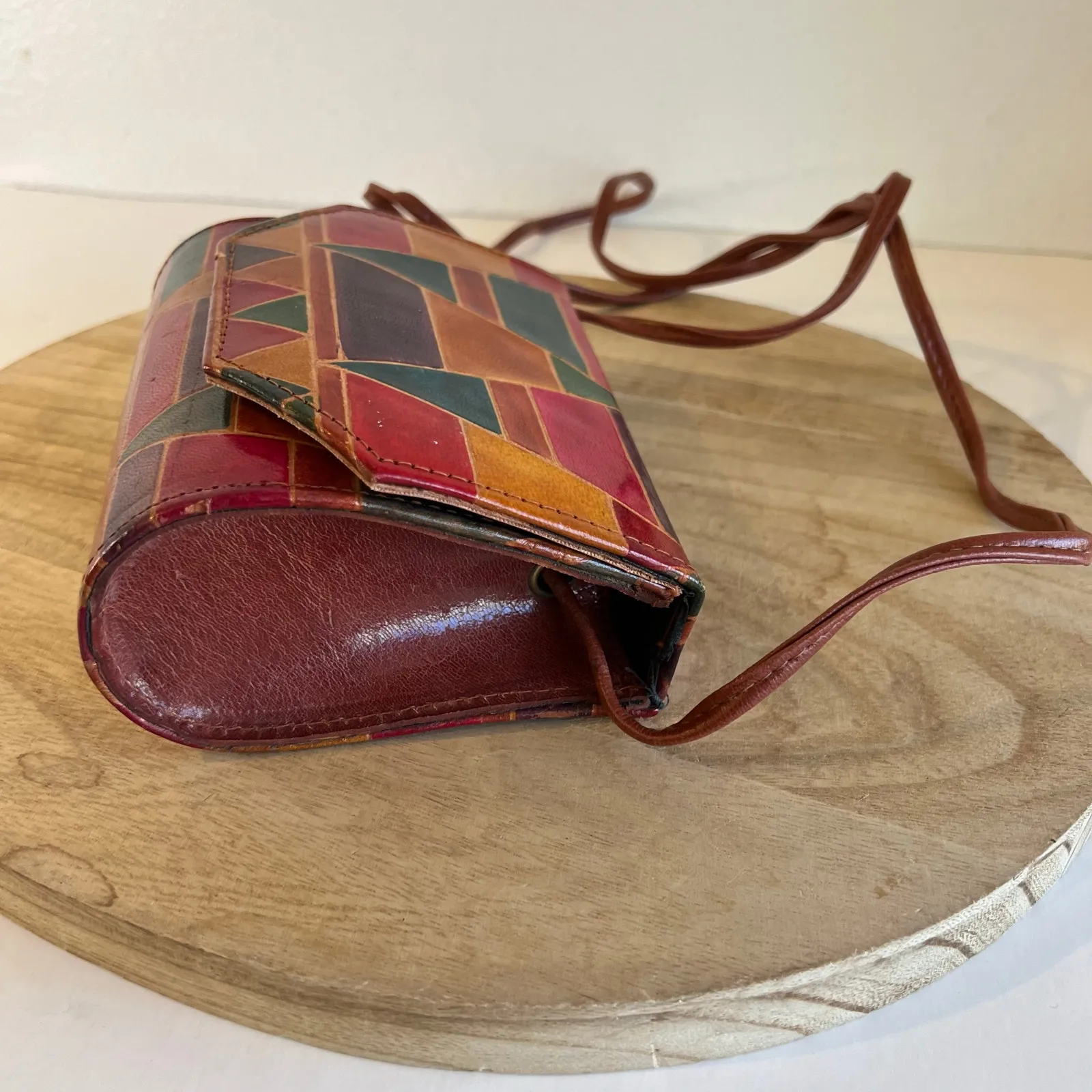 Vintage Patchwork Genuine Leather India Made Square Small Crossbody Bag Tan - Image 6