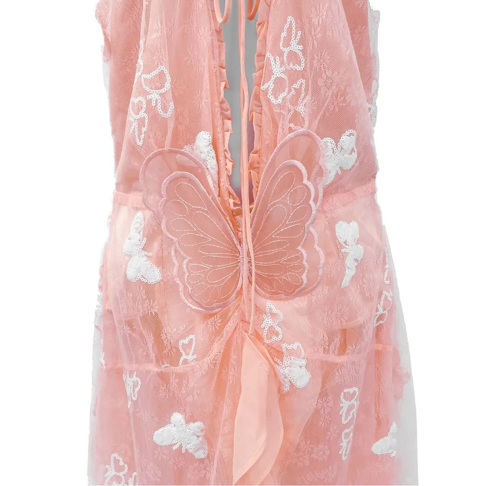 For Love & Lemons Beckett Lace Sheer Butterfly Sequin Bodysuit Maxi Dress Pink - Image 14