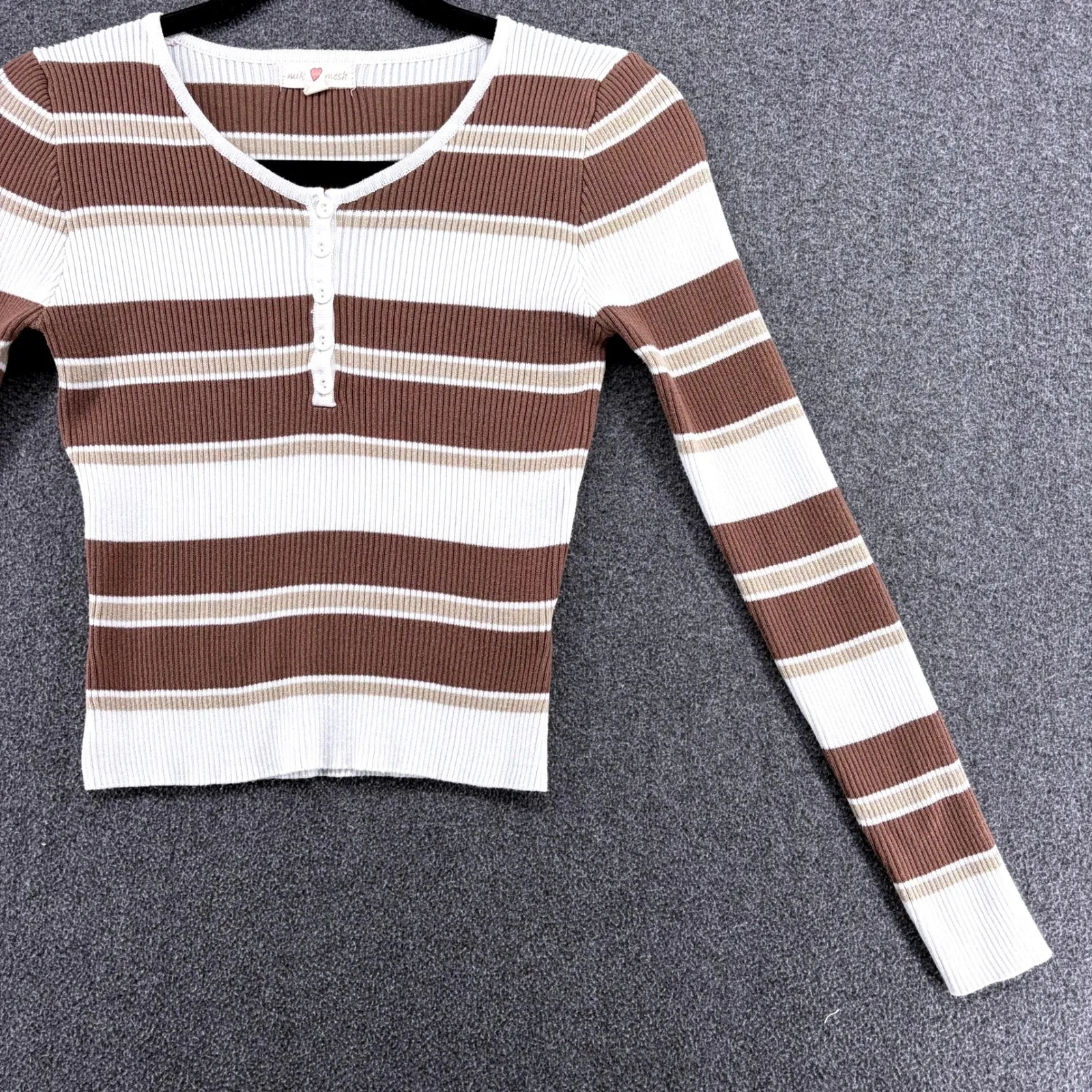 Vtg Y2k 90s Womens Striped Long Sleeve Henley Button Up Knit Top Milk Mesh Small Brown - Image 4